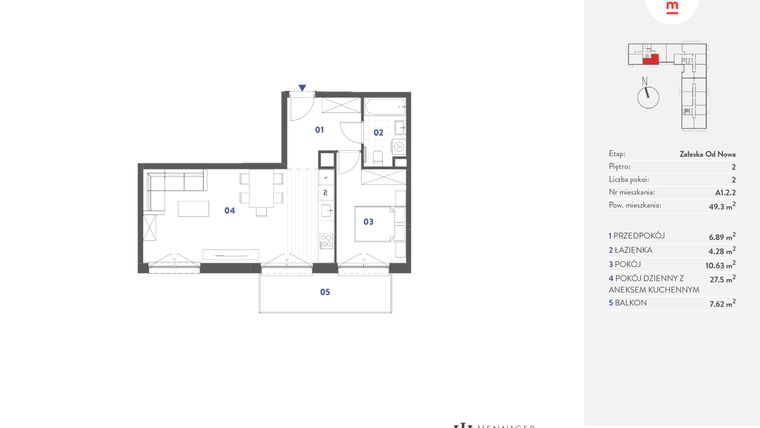 Rzut - Mieszkanie na sprzedaż 2 pokoje o powierzchni 49,3 m² - numer A1.2.2 w Mieszkaj w mieście Załęska od Nowa