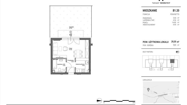 Rzut - Mieszkanie na sprzedaż 1 pokój o powierzchni 29,3 m² - numer B1.20 w Tarasy Wierzycy