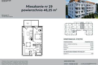 Rzut - Mieszkanie na sprzedaż 2 pokoje o powierzchni 46,25 m² - numer 29 w Odrowców 7C