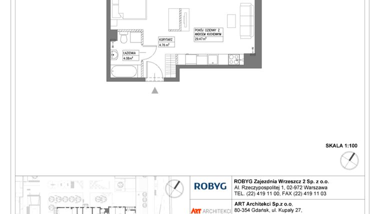 Rzut - Mieszkanie na sprzedaż 1 pokój o powierzchni 38,31 m² - numer I1.2M22 w Nowa Wałowa bud. I1