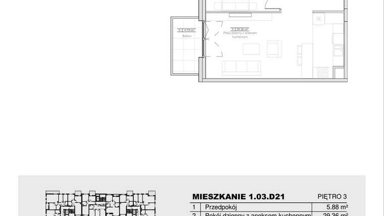 Rzut - Mieszkanie na sprzedaż 2 pokoje o powierzchni 53,06 m² - numer 1.03.D21 w Ogrody Andersa III