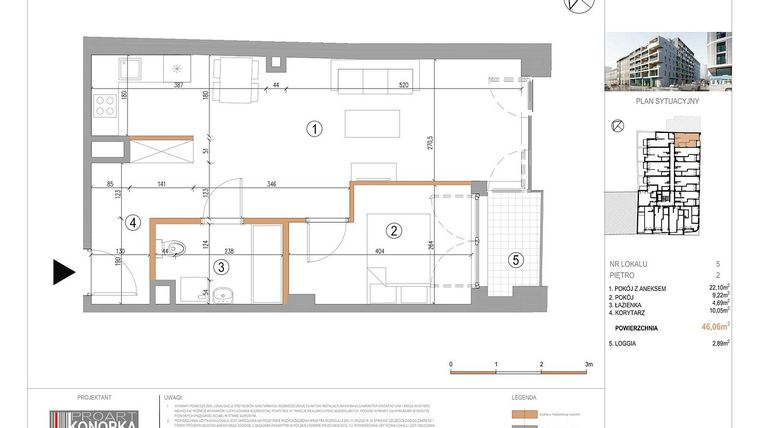 Rzut - Mieszkanie na sprzedaż 2 pokoje o powierzchni 46,06 m² - numer A2/5 w 5th Avenue Apartments