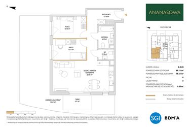Rzut - Mieszkanie na sprzedaż 3 pokoje o powierzchni 70,61 m² - numer B.0.05 w Ananasowa