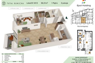 Rzut - Mieszkanie na sprzedaż 2 pokoje o powierzchni 56,01 m² - numer B1.M13 w Tutaj Bunscha
