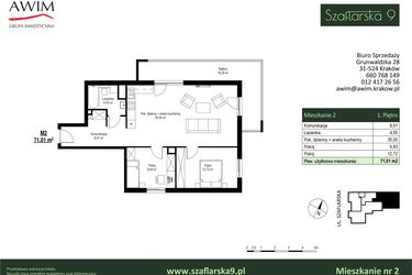 Rzut - Mieszkanie na sprzedaż 3 pokoje o powierzchni 71,01 m² - numer M2 w Szaflarska 9