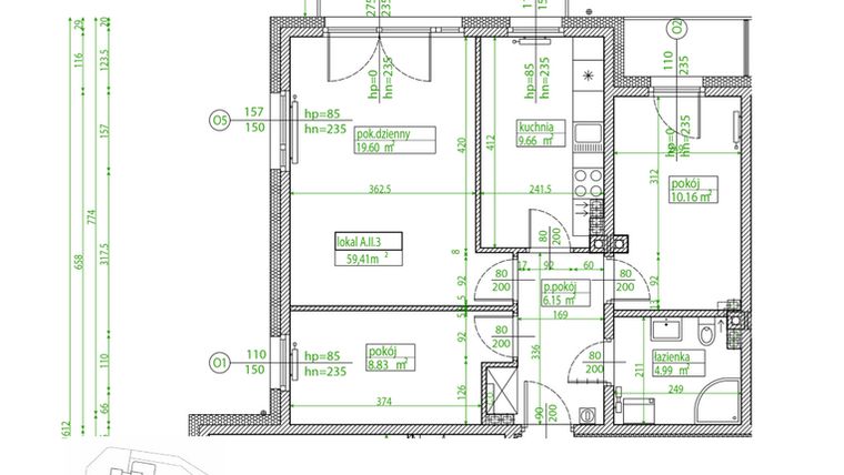 Rzut - Mieszkanie na sprzedaż 3 pokoje o powierzchni 59,3 m² - numer A.II.3 w Villa Rosenthal