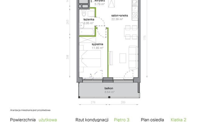 Rzut - Mieszkanie na sprzedaż 2 pokoje o powierzchni 43,98 m² - numer K2/3/12 w Piękna Vita
