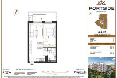 Rzut - Mieszkanie na sprzedaż 2 pokoje o powierzchni 40,44 m² - numer A3.02 w Portside Bałtycka
