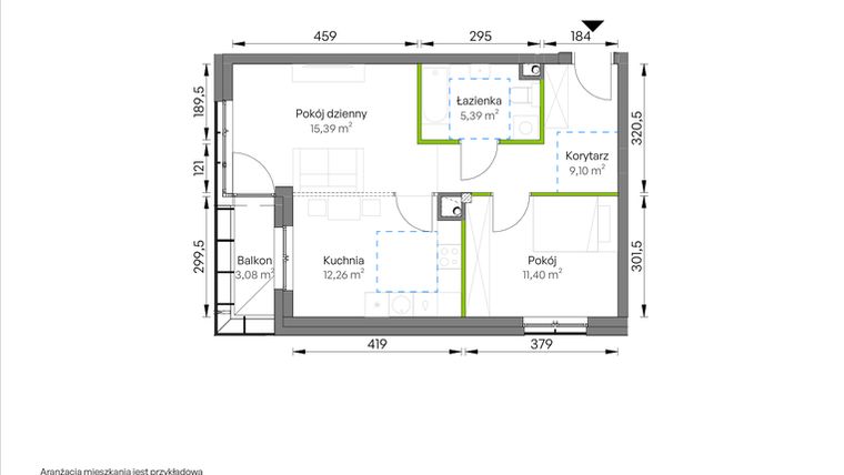 Rzut - Mieszkanie na sprzedaż 2 pokoje o powierzchni 53,54 m² - numer A1/00/04 w WUWA Vita