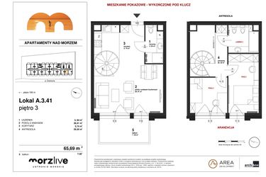 Rzut - Mieszkanie na sprzedaż 3 pokoje o powierzchni 65,69 m² - numer A.3.41 w Morzlive