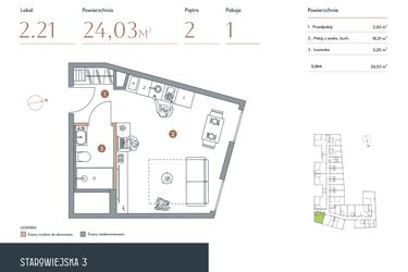 Rzut - Mieszkanie na sprzedaż 1 pokój o powierzchni 24,03 m² - numer 2.21 w Starowiejska 3
