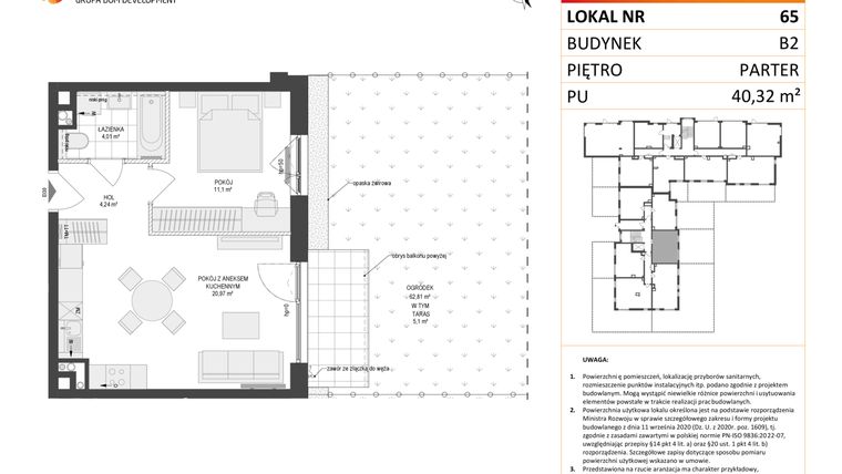 Rzut - Mieszkanie na sprzedaż 2 pokoje o powierzchni 40,32 m² - numer 65 w Locus 2 bud. B2