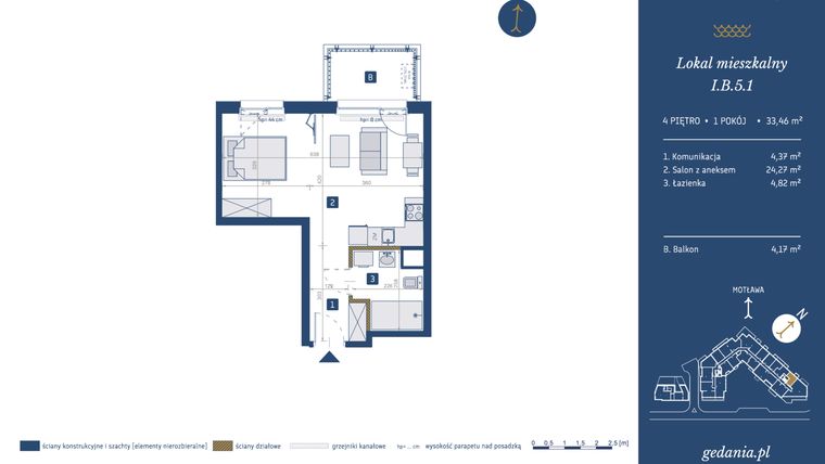 Rzut - Mieszkanie na sprzedaż 1 pokój o powierzchni 33,46 m² - numer I.B.5.1 w GEDANIA Riverside Living