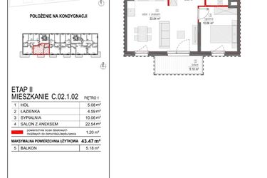 Rzut - Mieszkanie na sprzedaż 2 pokoje o powierzchni 43,47 m² - numer C.02.1.02 w Apartamenty Ostródzka II