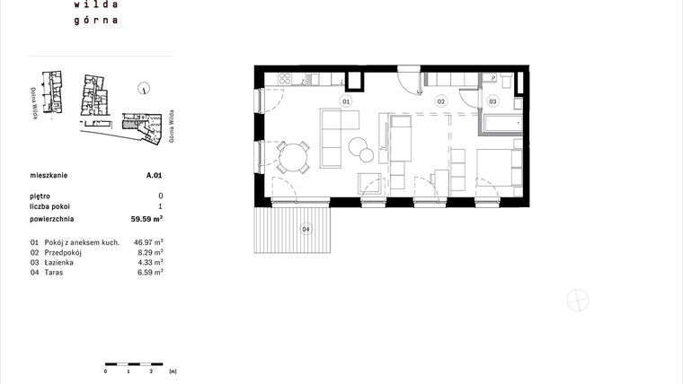 Rzut - Mieszkanie na sprzedaż 1 pokój o powierzchni 59,59 m² - numer A.01 w Dolna Górna Wilda