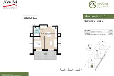 Rzut - Mieszkanie na sprzedaż 2 pokoje o powierzchni 36,09 m² - numer C18 w Wzgórze Gustawa
