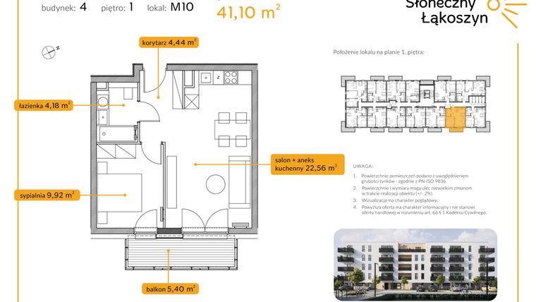 Rzut - Mieszkanie na sprzedaż 2 pokoje o powierzchni 41,1 m² - numer 4/M/1/10 w Osiedle Słoneczny Łąkoszyn bud. 4