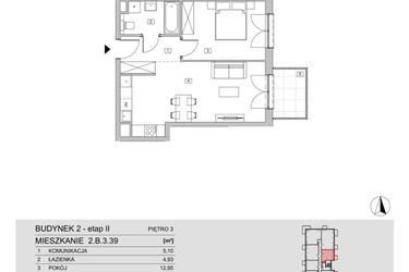 Rzut - Mieszkanie na sprzedaż 2 pokoje o powierzchni 46,16 m² - numer 2.B.3.39 w ATAL Apollina II