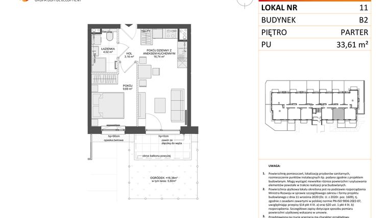 Rzut - Mieszkanie na sprzedaż 2 pokoje o powierzchni 33,61 m² - numer B2.11 w Osiedle Przy Błoniach 3 etap III