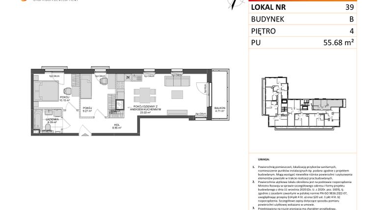 Rzut - Mieszkanie na sprzedaż 3 pokoje o powierzchni 55,68 m² - numer B.39 w Wzgórze Hoplity etap II