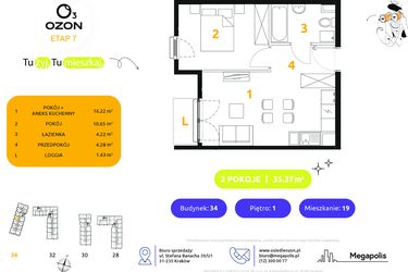 Rzut - Mieszkanie na sprzedaż 2 pokoje o powierzchni 35,37 m² - numer 34.19 w Osiedle Ozon etap VII