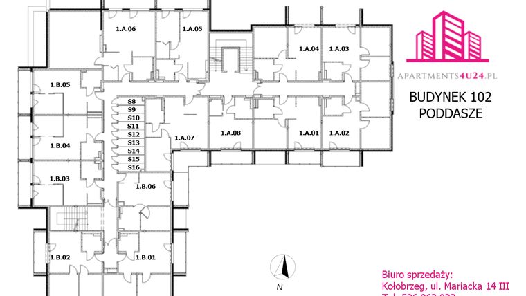 Rzut - Mieszkanie na sprzedaż 2 pokoje o powierzchni 38,3 m² - numer 1.B.04 w Apartamenty 100 m do plaży - etap IV