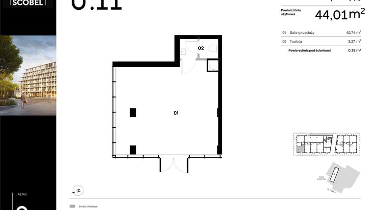 Rzut - Lokal użytkowy na sprzedaż 1 pokój o powierzchni 44,39 m² - numer U.11 w Browar HUGO SCOBEL