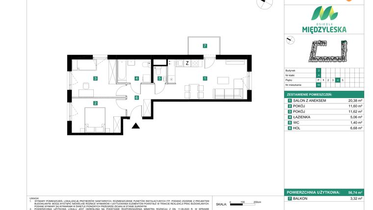Rzut - Mieszkanie na sprzedaż 3 pokoje o powierzchni 56,74 m² - numer 16 w Osiedle Międzyleska - etap II