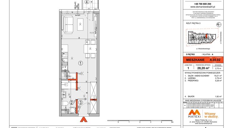 Rzut - Mieszkanie na sprzedaż 1 pokój o powierzchni 28,32 m² - numer A.05.02 w Domaniewska 24