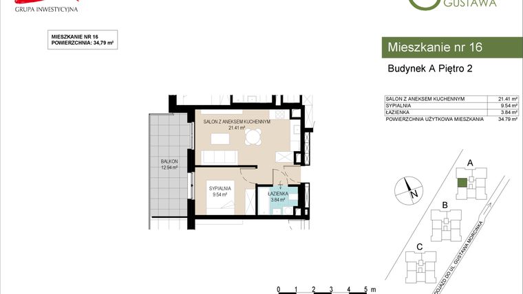 Rzut - Mieszkanie na sprzedaż 2 pokoje o powierzchni 34,79 m² - numer A16 w Wzgórze Gustawa