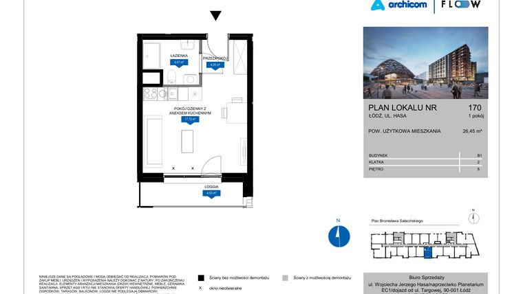 Rzut - Mieszkanie na sprzedaż 1 pokój o powierzchni 26,45 m² - numer 170 w Flow
