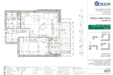 Rzut - Mieszkanie na sprzedaż 2 pokoje o powierzchni 42,57 m² - numer N1.14 w Osiedle Narcyzowe etap 2