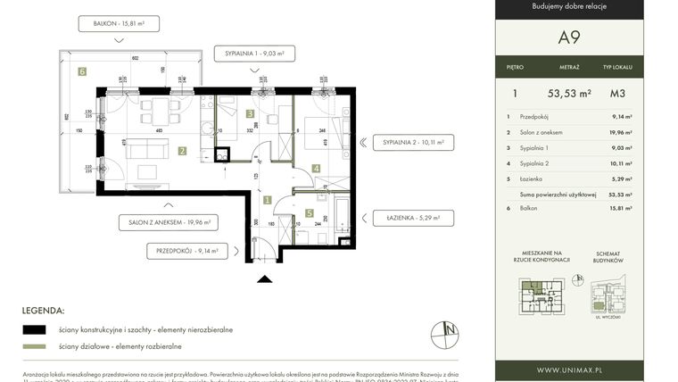 Rzut - Mieszkanie na sprzedaż 3 pokoje o powierzchni 53,53 m² - numer A9 w Quattro Ursynów