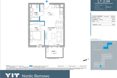 Rzut - Mieszkanie na sprzedaż 2 pokoje o powierzchni 42,83 m² - numer L1.3.04 w Nordic Bemowo - etap III