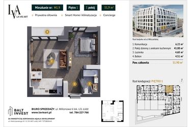 Rzut - Mieszkanie na sprzedaż 1 pokój o powierzchni 51,9 m² - numer M1.9 w La Vie Art