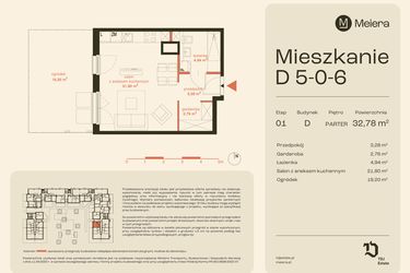 Rzut - Mieszkanie na sprzedaż 1 pokój o powierzchni 32,78 m² - numer D5-0-6 w Osiedle Meiera