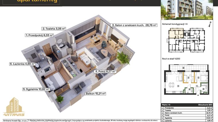 Rzut - Mieszkanie na sprzedaż 3 pokoje o powierzchni 64,13 m² - numer B30 w Osiedle Wełnowe Apartamenty
