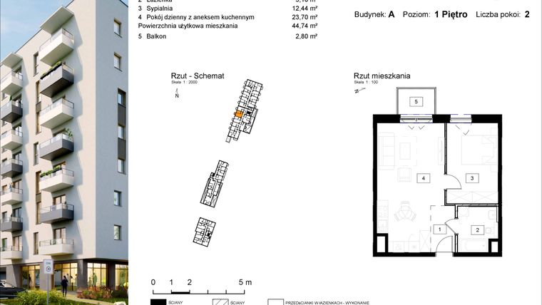 Rzut - Mieszkanie na sprzedaż 2 pokoje o powierzchni 44,74 m² - numer A.7 w Osiedle Kochanowskiego - Gliwice