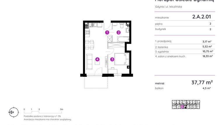Rzut - Mieszkanie na sprzedaż 2 pokoje o powierzchni 37,77 m² - numer 2.A.2.01 w Murapol Osiedle Dynamiq