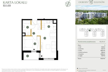 Rzut - Mieszkanie na sprzedaż 2 pokoje o powierzchni 43,19 m² - numer S3.1.03 w Ogrody Julianów