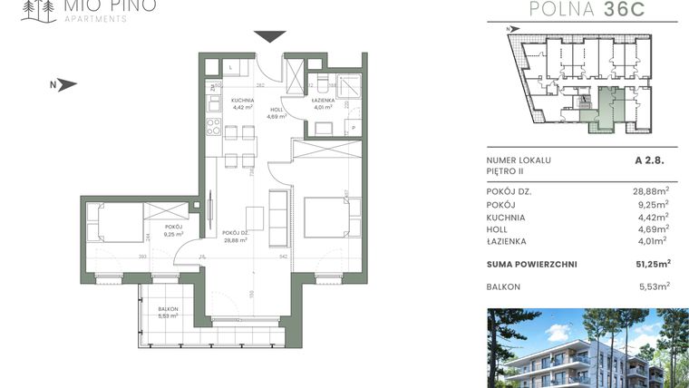 Rzut - Mieszkanie na sprzedaż 3 pokoje o powierzchni 51,25 m² - numer 2.8 w Mio Pino