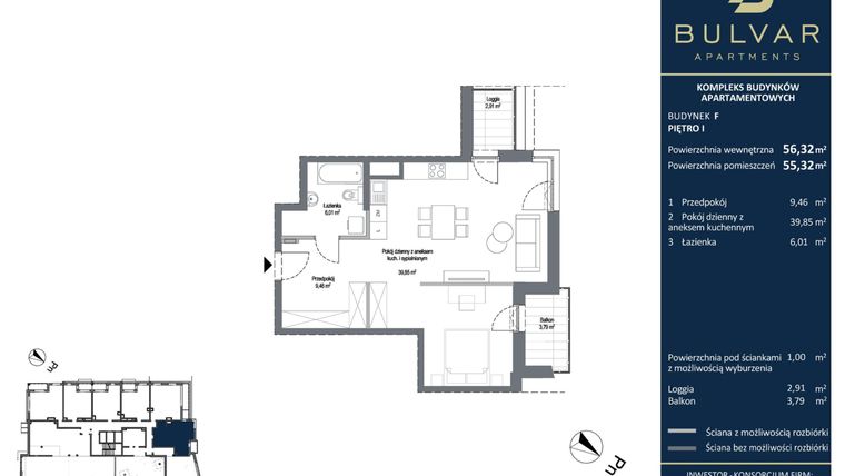 Rzut - Mieszkanie na sprzedaż 2 pokoje o powierzchni 56,78 m² - numer F.2.08 w Bulvar Apartments - etap I