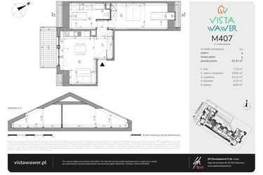 Rzut - Mieszkanie na sprzedaż 2 pokoje o powierzchni 47,47 m² - numer M407 w Vista Wawer