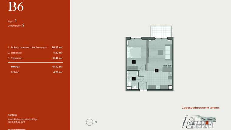 Rzut - Mieszkanie na sprzedaż 2 pokoje o powierzchni 41,42 m² - numer B6 w Mazowiecka 115