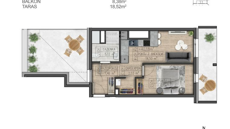 Rzut - Mieszkanie na sprzedaż 2 pokoje o powierzchni 40,18 m² - numer H21 w Osiedle Parkowe