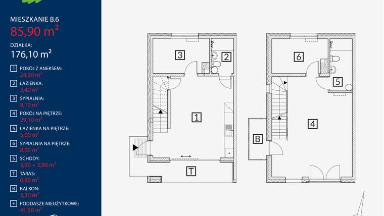 Rzut - Mieszkanie na sprzedaż 4 pokoje o powierzchni 85,9 m² - numer B6 w Dębinowa Oaza