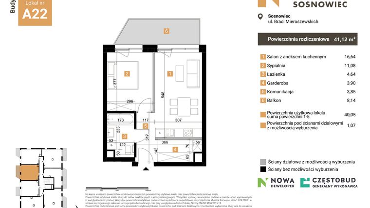 Rzut - Mieszkanie na sprzedaż 2 pokoje o powierzchni 41,12 m² - numer A22 w Nowy Sosnowiec