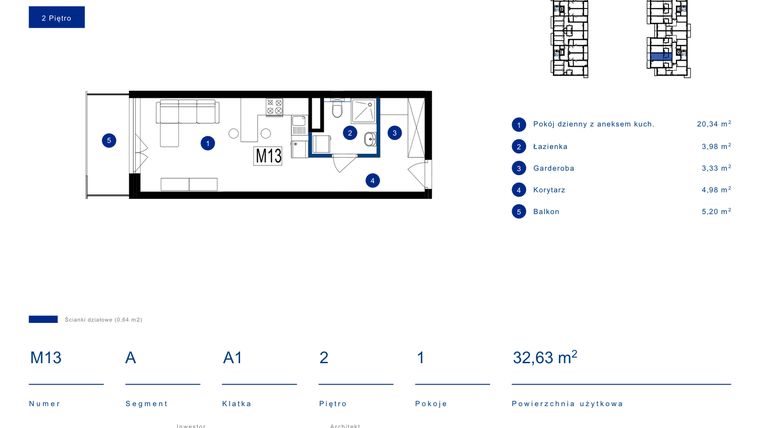 Rzut - Mieszkanie na sprzedaż 1 pokój o powierzchni 32,63 m² - numer 13A w Przy Bursztynowej