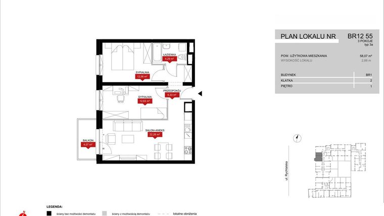 Rzut - Mieszkanie na sprzedaż 3 pokoje o powierzchni 58,07 m² - numer BR12/55 w Browary Wrocławskie 2