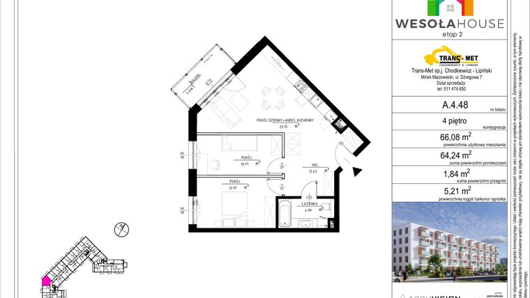 Rzut - Mieszkanie na sprzedaż 3 pokoje o powierzchni 64,24 m² - numer A.4.48 w Wesoła House Etap II
